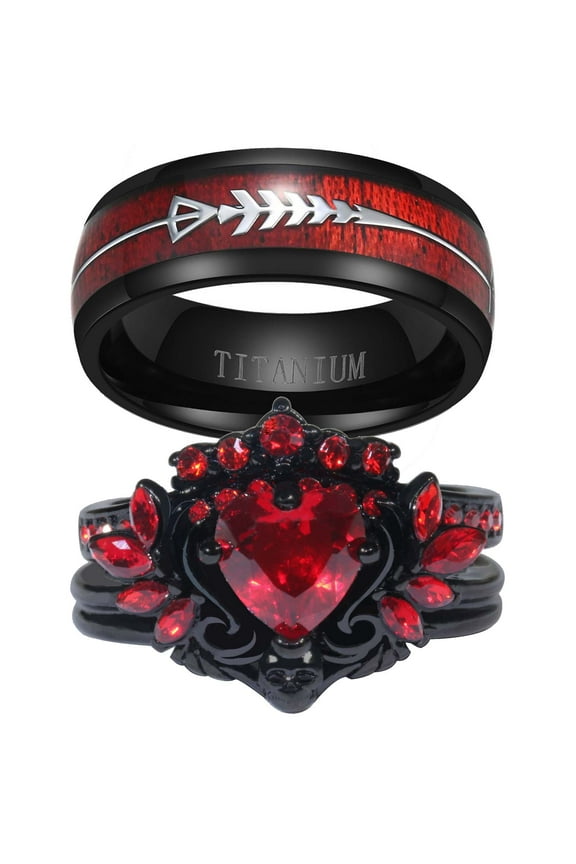 Matching Rings Black Gold Plated Couple Rings Wings 1CT Heart Red CZ Wedding Ring Sets