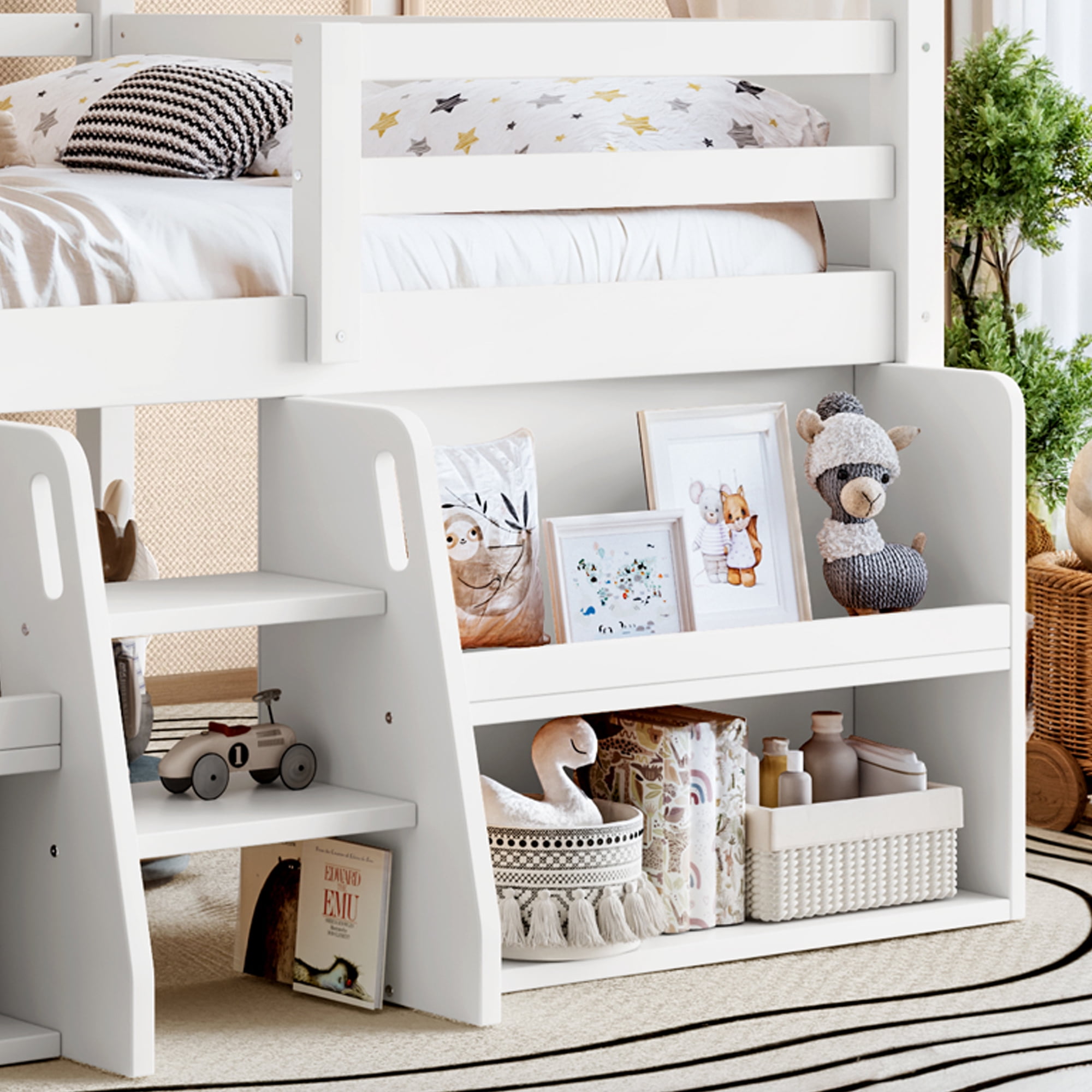 Leumius Full Size Loft Bed with Storage Shelves and Stairs, House Loft Bed with Playhouse Shape Roof and Window, Childlike and No Box Spring Needed Design, White