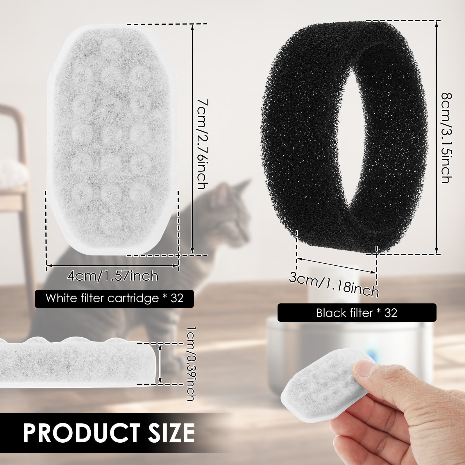 Ikoopy 64 Pack Cat Fountain Replacement Filter for Stainless Steel 108oz/3.2L Adjustable Water Flow Pet Water Fountain (32 Filter and 32 Sponge)