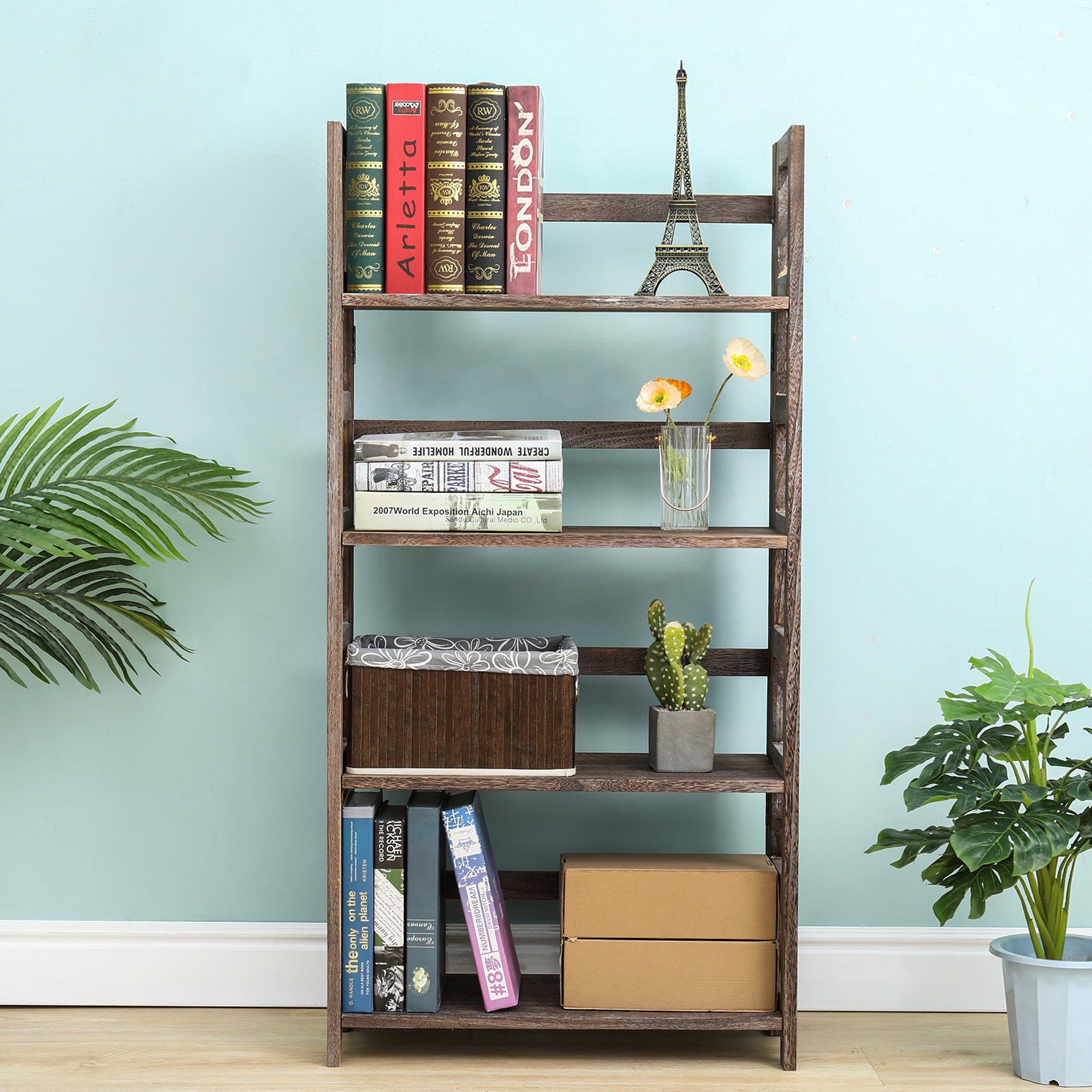 Proman Product Hickory 4 Layers Folding Bookshelf, Paulownia Wood, Walnut Color