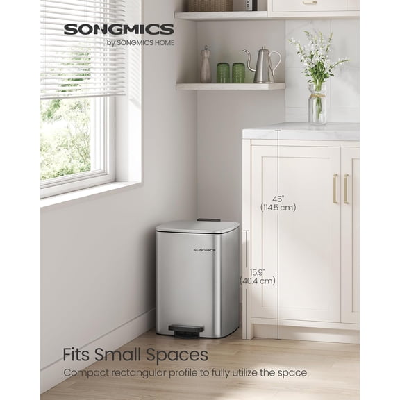 Kitchen Trash Can, 5.2-Gallon (20 L) Stainless Steel Garbage Can with Inner Bucket, Soft Close and Stays Open, Metallic Silver