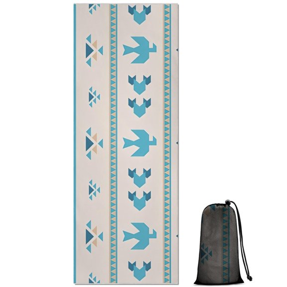Blue Ethnic Bird Pattern Hot Yoga Mat Towel Non Slip for Hot Yoga - Quick-Drying Yoga Mat Cover with 4 Corner Pockets with Travel Bag - Hot Yoga Towel Non Slip Grip Moisture Wicking Sweat 70"x26"
