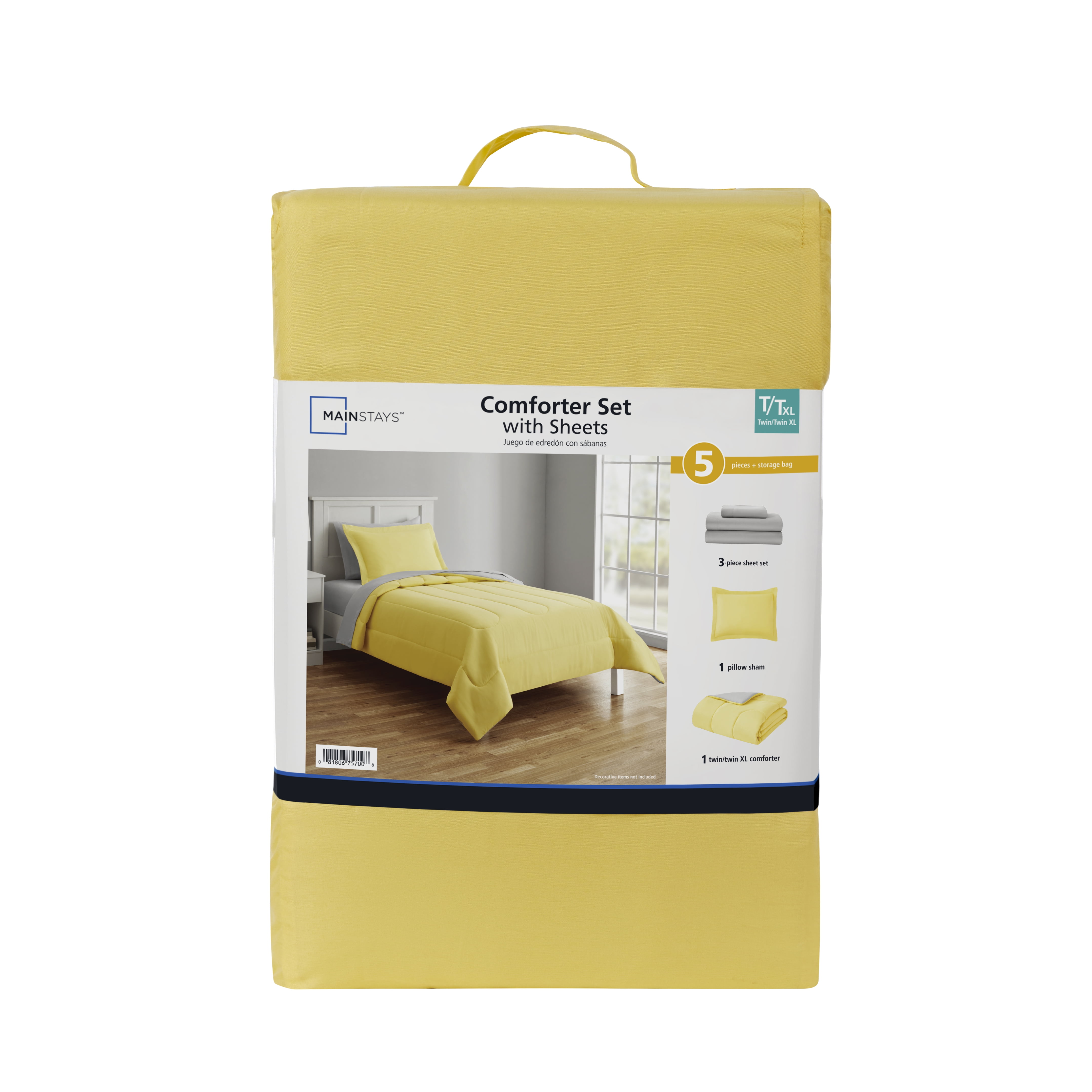 Mainstays 5 Piece Reversible Bed in a Bag Comforter Set with Sheets, Yellow, Twin XL