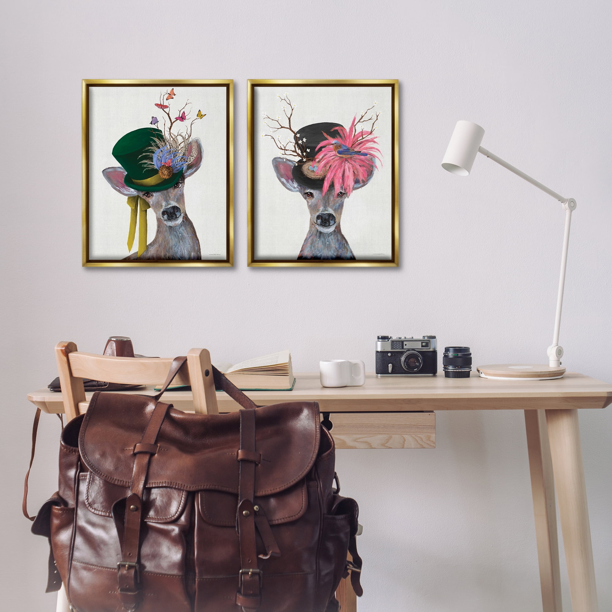 Stupell Industries Dapper Deer Floral Top Hat Animals Painting Gold Floater Framed Canvas Art Print Wall Art, 17 x 21, Set of 2