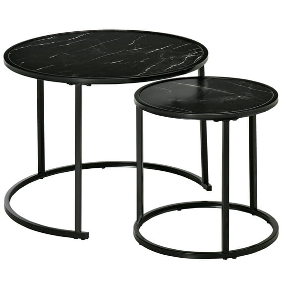 HOMCOM Round Nesting Coffee Table Set of 2, Stacking Tables Faux Marble Top