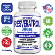 Simply Potent Resveratrol Antioxidant with Brain Support, Heart Health & Digestive Support 90 Capsules, 3000mg