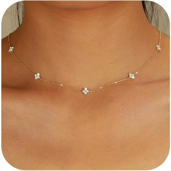 Lucky Leaf Necklace for Women 925 Sterling Silver Trendy 14K Gold Plating Layered Cute White CZ Flowers Pendant Choker Necklaces to Daughter Mom Minimalist Stackable Chain Wedding Prom Brides Jewelry