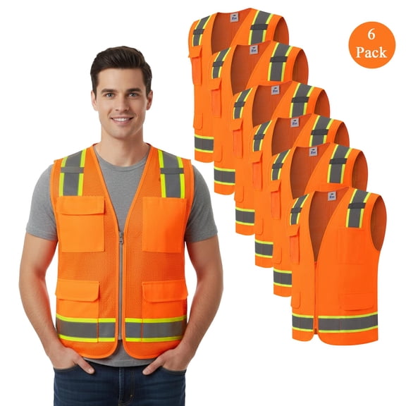 Zfeel Sweat Absorbent Safety Vest for Men, High Visibility 100% Polyester Vest, 6 Pack, S