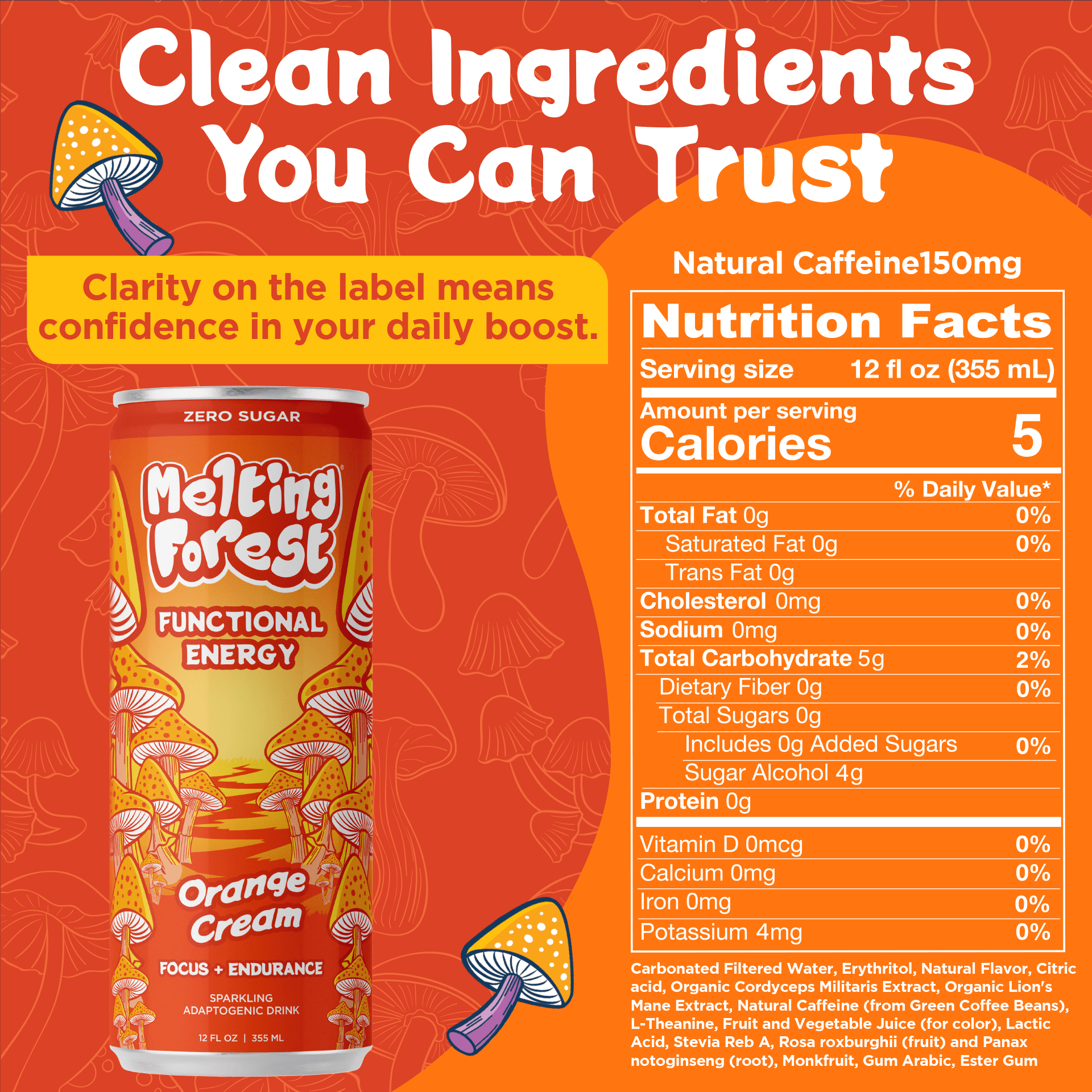 Melting Forest Orange Cream Mushroom Energy Drink, Lion's Mane & Cordyceps, Zero Sugar 12 Pk