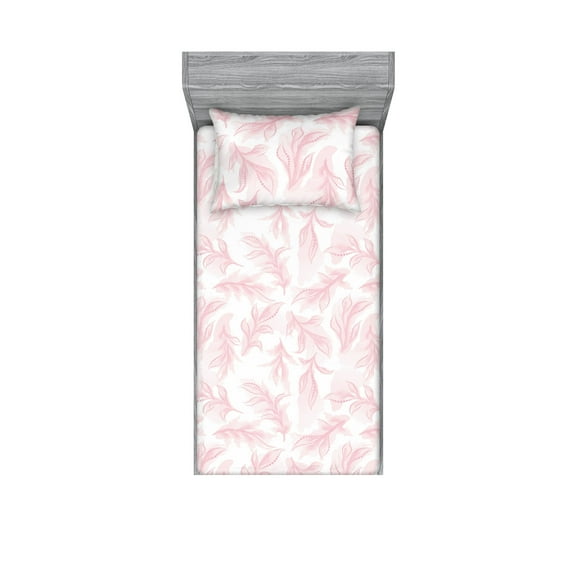 Leafy Design Fitted Sheet & Pillow Sham Set, Fantasy Vibe Dreamy Leaves with Hue and Dots Ornament on Plain Back, Decorative Printed 2 Piece Bedding Decor, Twin, Pale Pink Blush White, by Ambesonne