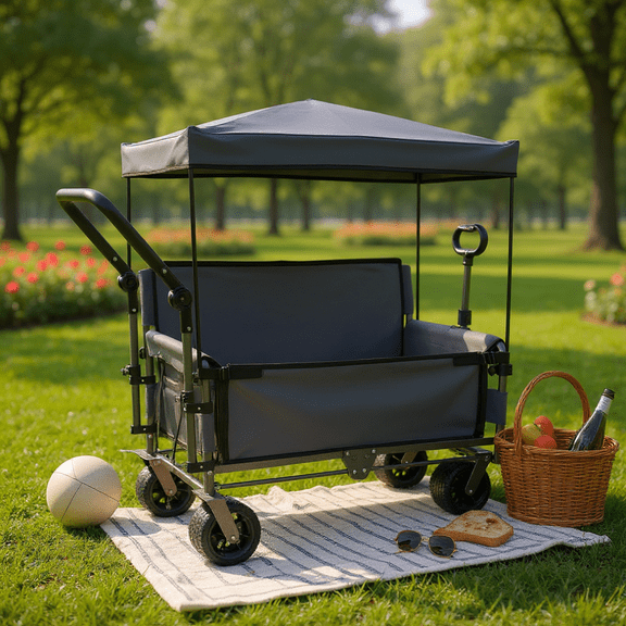 3-in-1 Convertible Folding Wagon Cart with 2 Adjustable and Canopy, Heavy Duty Utility Cart with Bench Seat and Cup Bags, 180L Capacity, All-Terrain Wagon for Camping, Beach, Sports, Garden, Gray