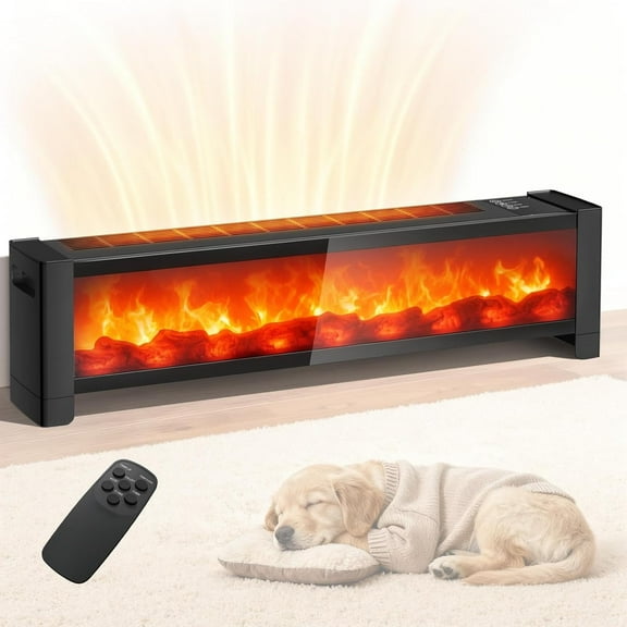 Electric Fireplace Heater with  Flame Effect, Adjustable Thermostat Space Heater for Large Room, Ultra Quiet Baseboard Heater with Remote, Double Protection for Indoor Use