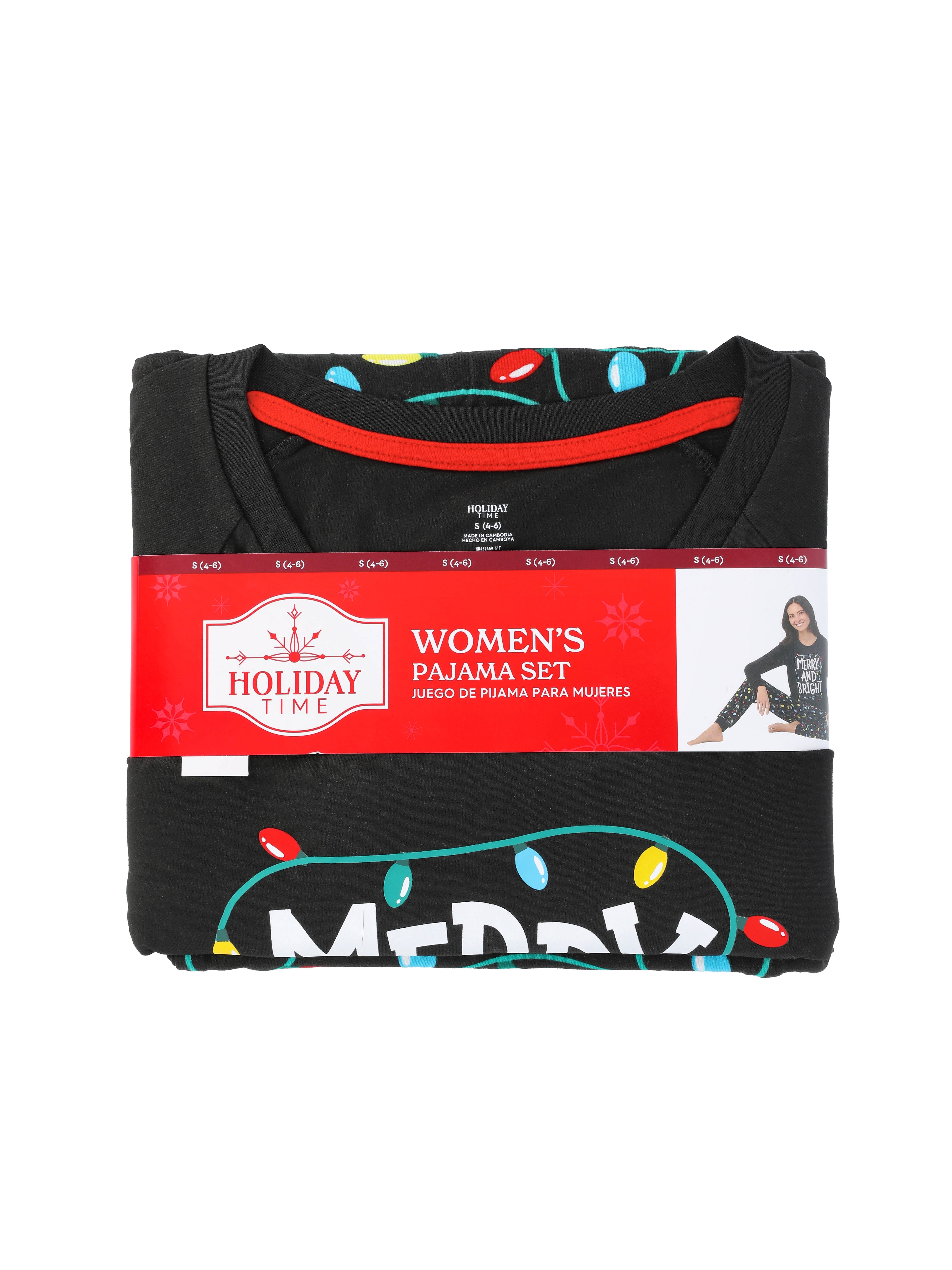 Holiday Time Women's Matching Family Pajamas Merry and Bright Top and Pants Set, 2-Piece, Sizes S-3X