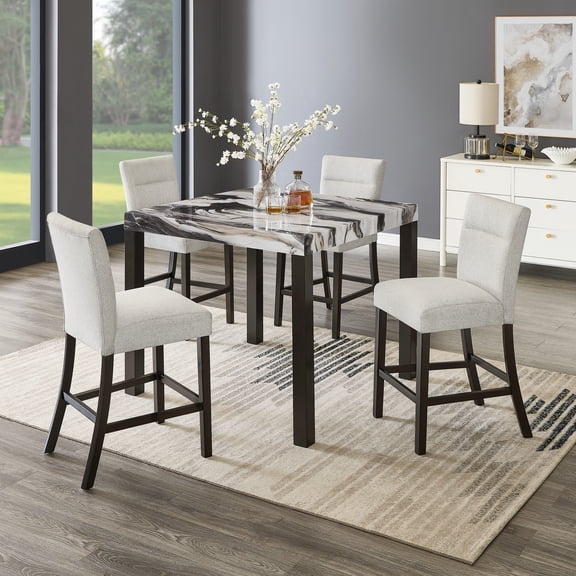 Roundhill Furniture Cavira Modern Faux Marble Counter Height Dining Table with 4 Stools