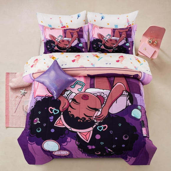 Juego de edredón A Nice Night Purple con Black Girl, talla doble