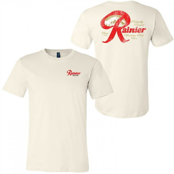 Rainier 860182-medium Mountain Fresh Beer Distressed Front & Back T-Shirt for Unisex, Beige - Medium