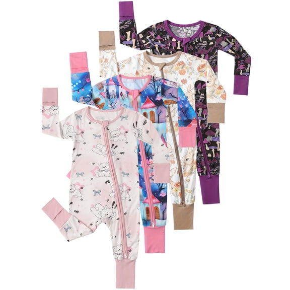 WIBACKER 3-24M Bamboo Viscose Baby Convertible Footie Pajamas, Sleep and Play Footed Zipper Sleeper for Baby Girls - Pink Puppy