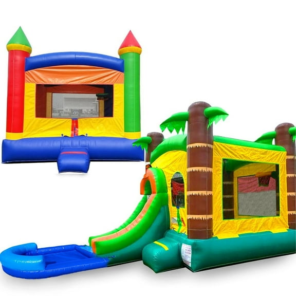 Pogo Bounce House Crossover Duo, Rainbow Bounce House and Tropical Bounce House with Slide and Splash Pool