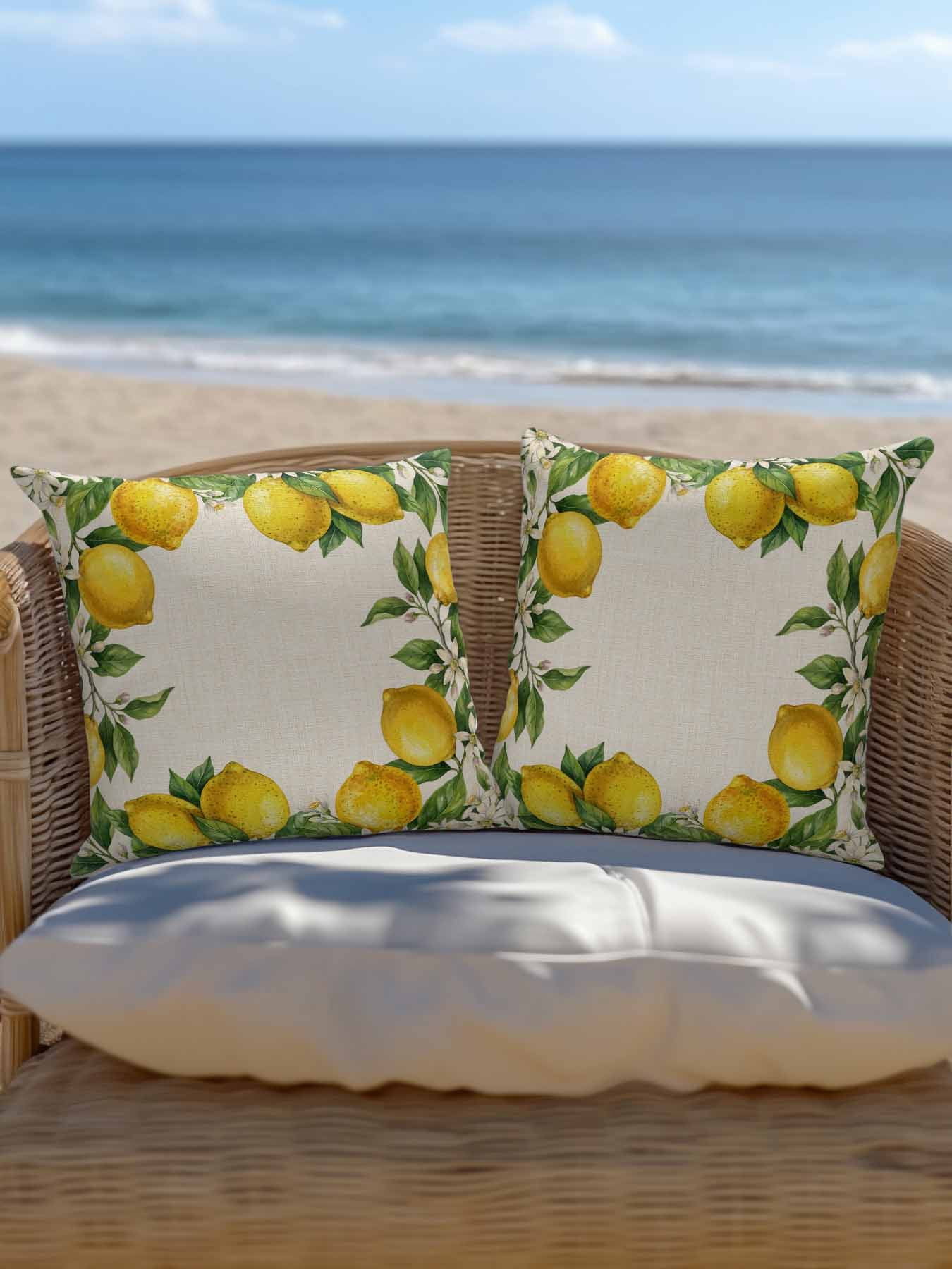 1 Pack Outdoor Pillows Waterproof, Summer Lemons Indoor/Outdoor Throw Pillows with Inserts, Fruits White Flowers Vintage Rustic Decorative Pillow for Patio Furniture Chairs Couch
