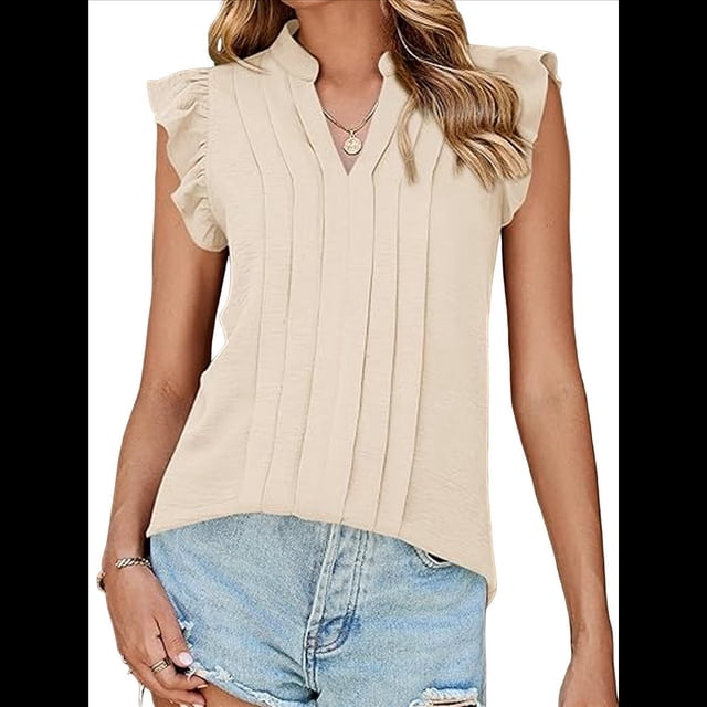 Blusas de para Mujer, Elegantes, Informales, con Mangas con Volantes, Cuello en V, Plisadas, para Negocios, de Verano Albaricoque XL