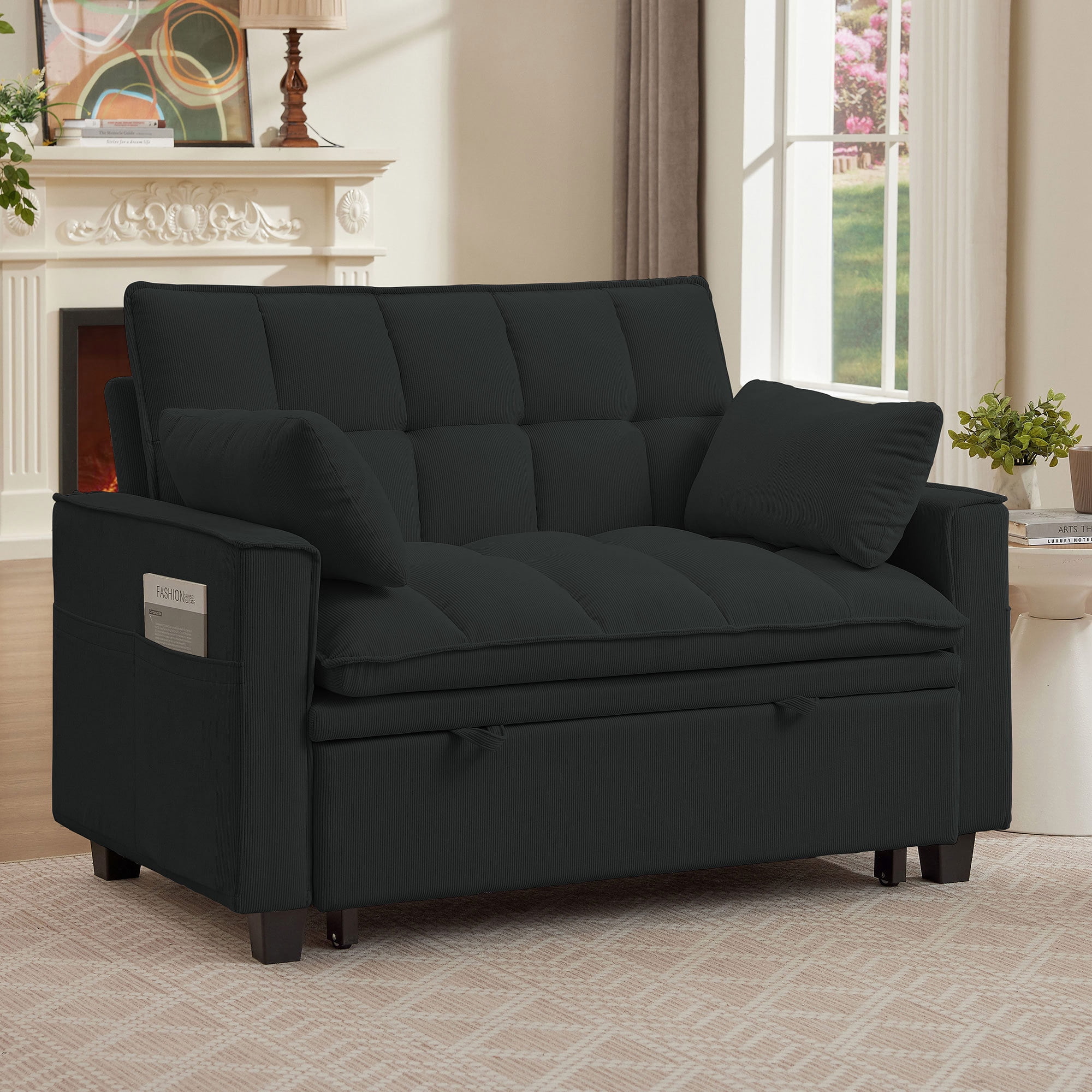 Soscana Convertible Sofa Bed Loveseat with Adjustable Backrest,3 in 1 Sleeper Sofa Pull Out Bed Reclining Couch with 2 Lumbar Cushions and Storage Side Pockets for Living Room,Apt,Office,Studio