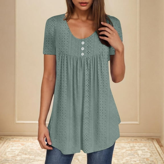 Sevevn Fashion Women's Casual Solid Color Fold Hollowed Out Round-neck Button Sleeve T-shirt Green XL Savings Up to 30% Off