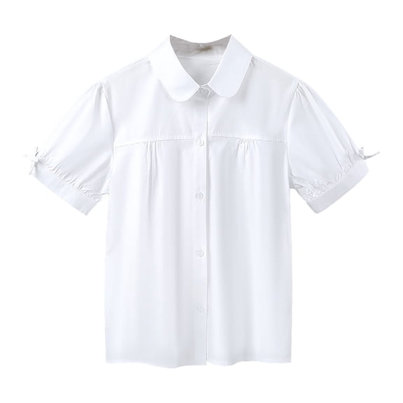 KPOPLK Girls Button Down Shirts Kids Summer Short Sleeve Dress Shirts School Uniform Blouse 3-18 Years Size 9-10 Years,Beige