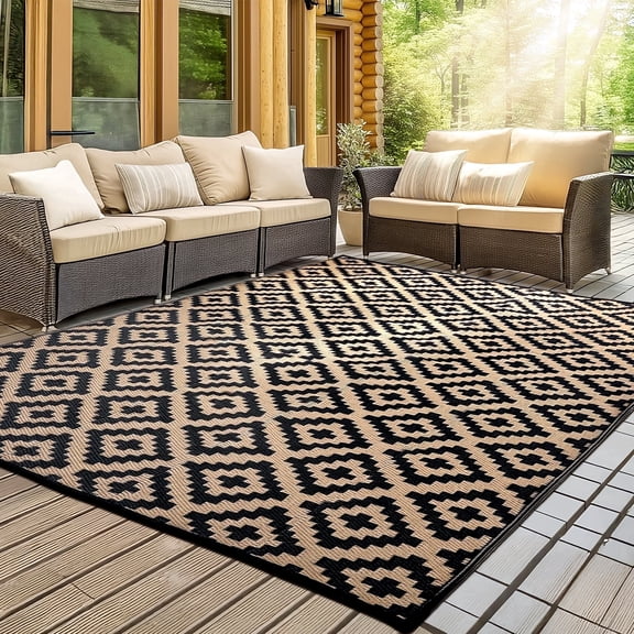 UNTIMATY Outdoor Rug Waterproof Patio Carpet Outdoor Area Rug Large Plastic Straw Mat for RV Camping Porch Deck Balcony, Black and Gray