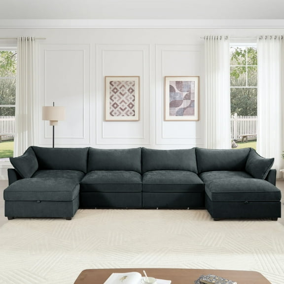 U Shape 4 Seater Cloud Couch Sectional Sofa with 2 Movable Ottomans, Living Room Couch, Oversized Modular 6-Seat Sofa with Storage Drawers Under Each Seat, Chenille Gray