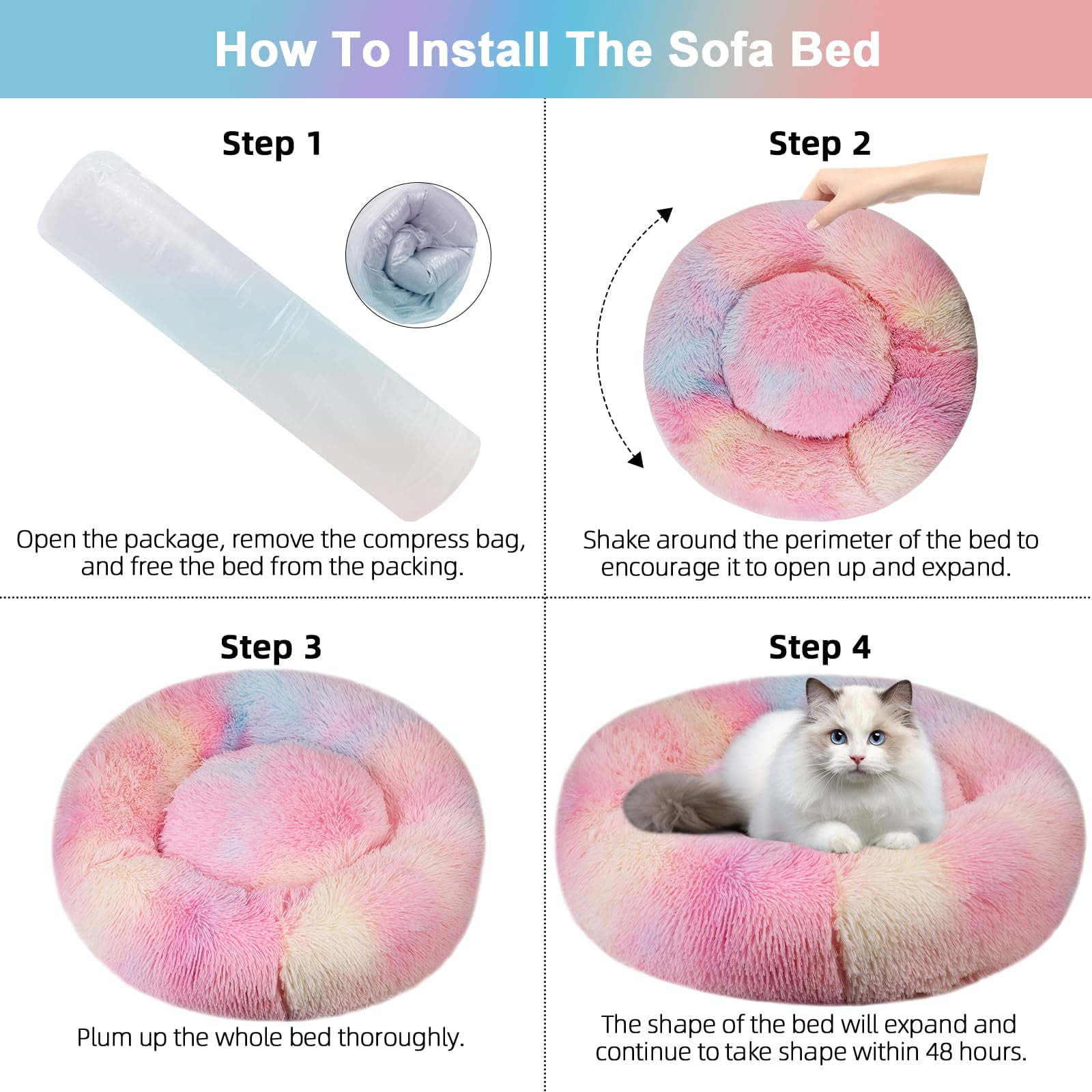 Nisrada 24 inch Calming Donut Dog/Cats Bed Medium Washable, Soft Warm Cozy Plush Round Fluffy Pet Bed, Rainbow