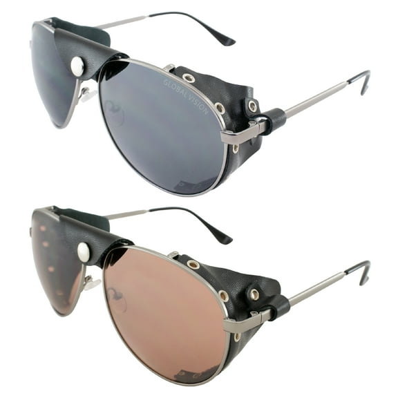 Global Vision Aviator 3 Motorcycle Sunglasses w/Side Shields 2 Pairfs Gunmetal Frames w/Smoke & Driving Mirror Lenses