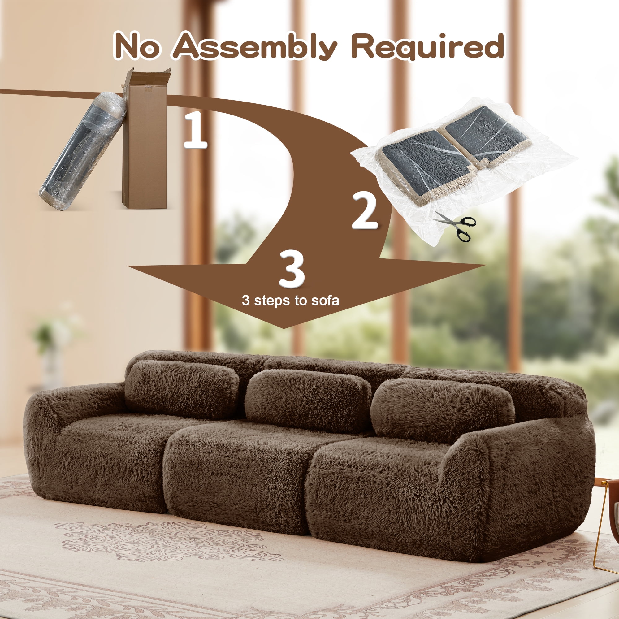 AISWORD 114" 3-Seat Modular Cloud Sectional Sofa, Anti-Slip Deep Seat Cloud Sofa, Ready to Use Premium Plush Fabric Boneless Sofa with 32D High-Density Foam&Anti-Slip Bottom