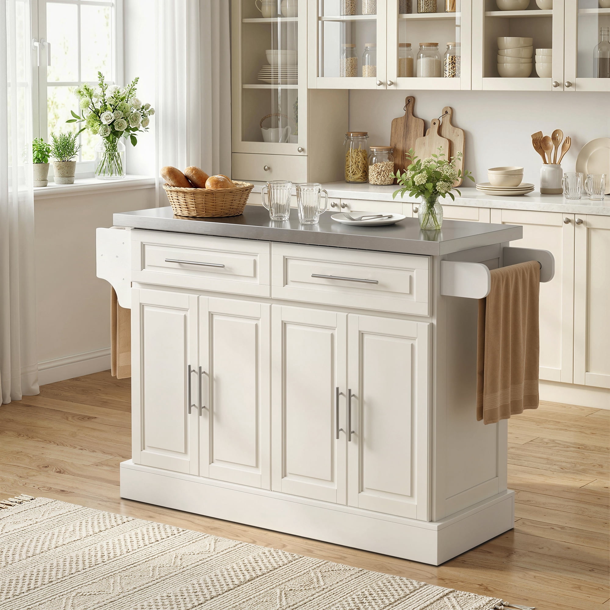 HOMCOM Rolling Kitchen Island with Cabinets and Drawers, Cream White