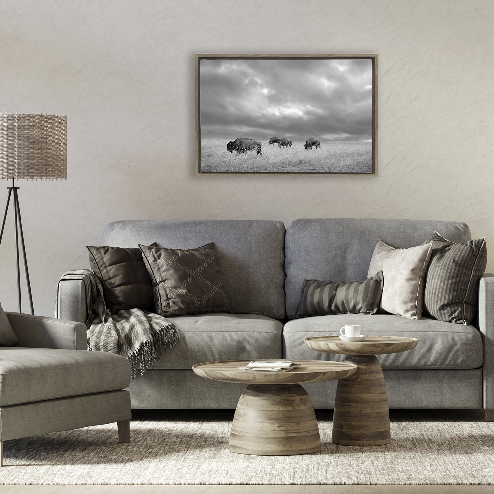 Stupell Industries Bisons Under an Autumn Sky Brown Framed Floater Canvas Wall Art, design by Steve Toole