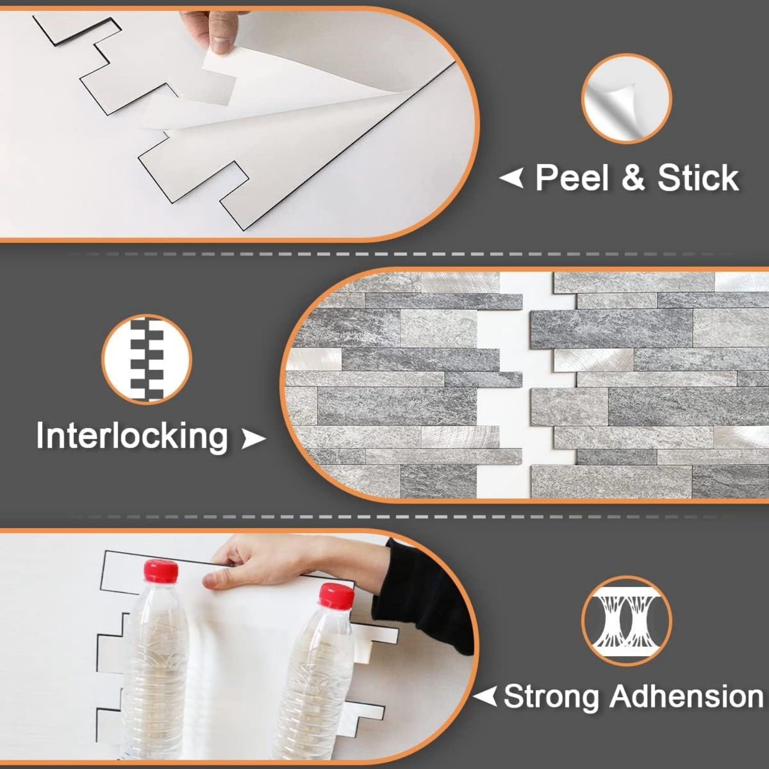 Backsplash Tile Peel and Stick Kitchen Stone Subway Linear Mosaic Bathroom Shower Wall Waterproof(10pcs,Gray)