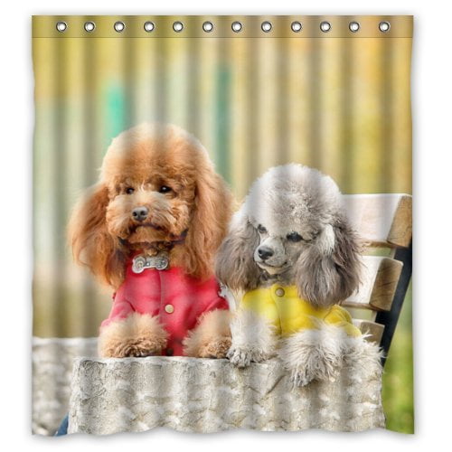 RYLABLUE Two Poodles Sitting In Red Yellow Dress Waterproof Bathroom Fabric Shower Curtain 66x72 inches