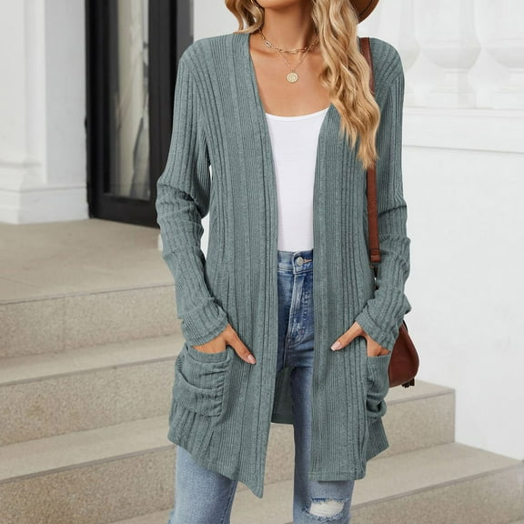 Cardigans For Women Trendy Clearance Fall Casual Sweater Long Sleeve Cozy Solid With Pockets Sweater Green XL