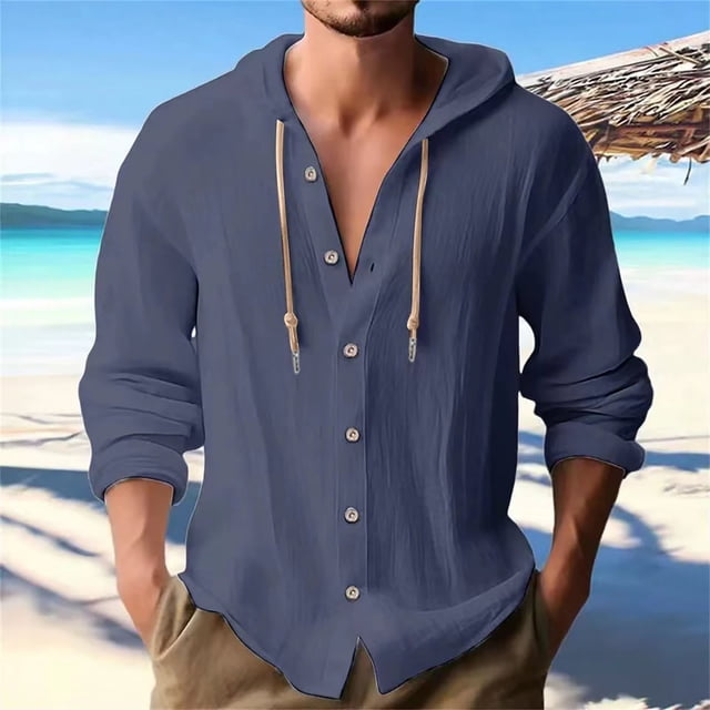 Gspmoly T-Shirts pour Hommes, Mode Décontractée, Boutons Solides, Col Rond, Manches Longues avec Capuche, Blouse pour Sortir, Économies d'Été