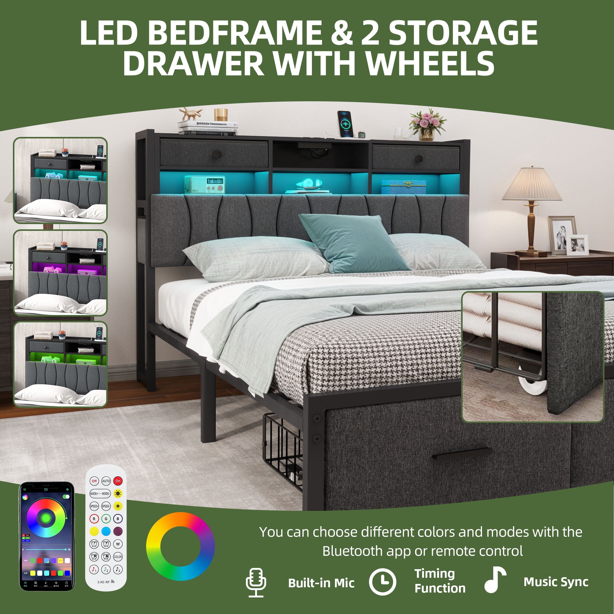 Uforic King Size PU Leather Platform Bed Frame with 3-Tier Storage Headboard 2 Underbed Rolling Drawers & Side Storage Boxes, No Box Spring Required, Gray