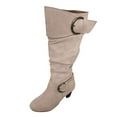 thumbnail image 5 of Pandaie Women's Slouchy Knee High Boots Extra Wide Calf Winter Fall Tall Boots Buckles Block Mid Heel Riding Outdoor Shoes with Side Zipper Beige 5, 5 of 6