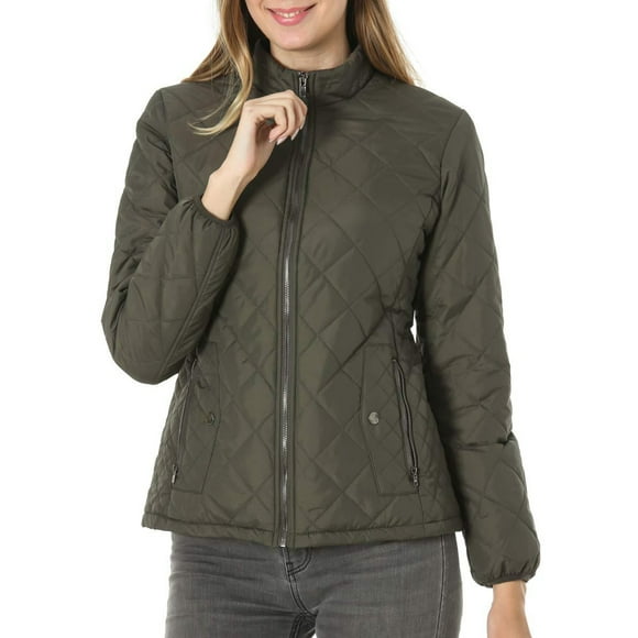 Fashnice Ladies Quilted Jackets Long Sleeve Coat Zip Up Outerwear Thermal Work Coats Army Green M