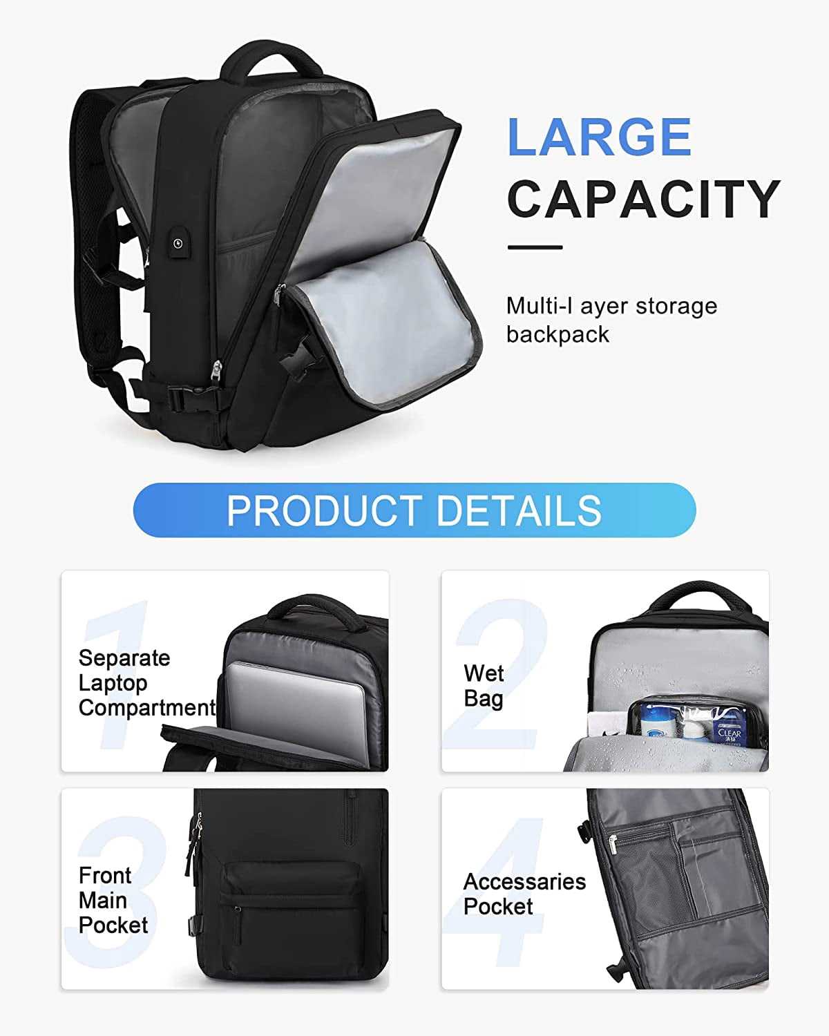 Large Travel backpacks for Adults, Flight Personal Carry on Backpack for Women Men, Approved Airlines Back Pack Carry-ons Mochilas de Viaje, Waterproof Luggage Laptop Backpack Black