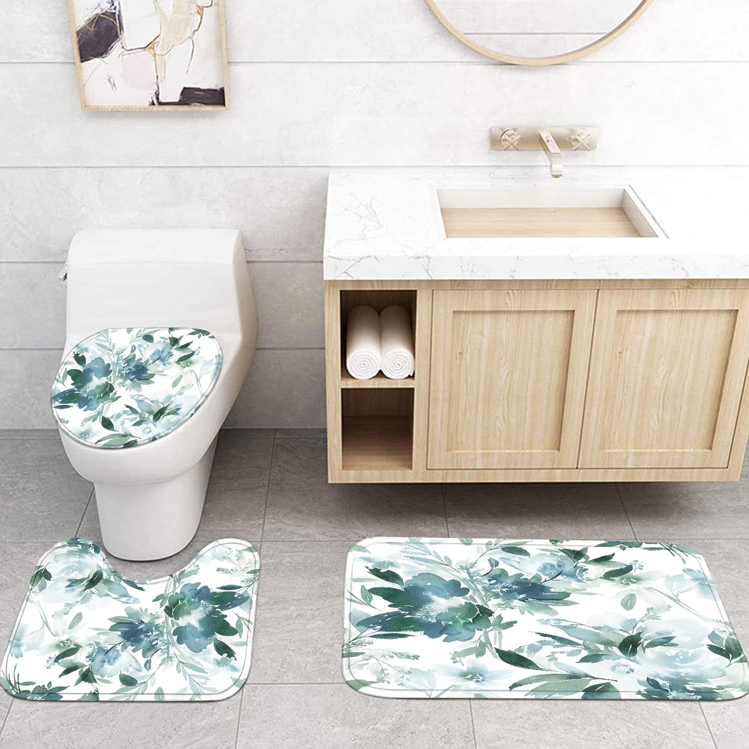 Green Leaves Shower Curtain Set Bathroom Sets Flower Shower Curtain Set with Rugs,Bathroom Shower Curtain Set with Carpet Bath Mat Toilet Rugs