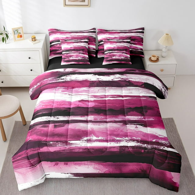 YST 7-Piece Hot Pink Ombre Queen Comforter Set with Abstract Ocean Wave Design, Geometric Stripe, Stylish and Comfortable