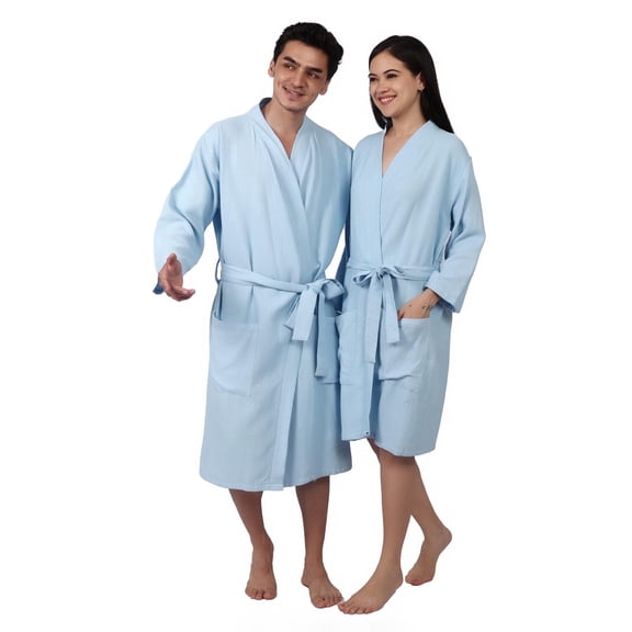 Feather Drape Women's Waffle 100% Cotton Bathrobe – Lightweight Spa Robe, Soft Breathable Loungewear, Kimono Style Belted Dressing Gown for Home, Hotel & Travel | Medium | Sky Blue