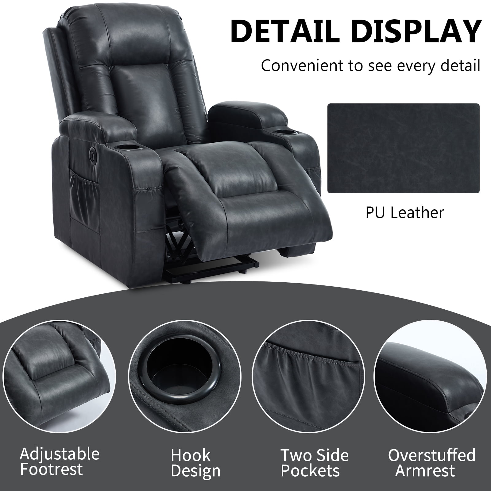 Power Lift Recliner Chair with Massage and Heat,Faux Leather Soft Chair with USB Charging&Cup Holders, Infinite Position Reclining,Heavy Duty 350 LBS Capacity