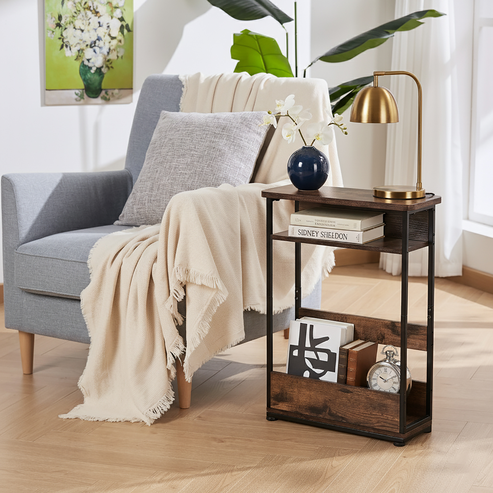 End Table for Narrow Space, 3 Tier Narrow Side Tables Modern Sofa Table with Storage Shelf, Bedside Table Slim Nightstand with Magazine Rack Living Room Home Office,Brown