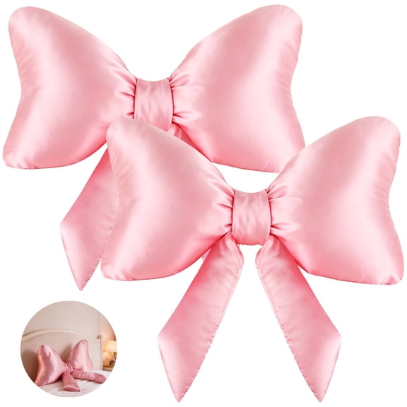 2 Pcs Pink Bow Throw Pillow Set, 23.6 x 13.8 in Decorative Bow Pillows, Big Bow Pillow, Satin Bow Shaped Pillow, Soft Decorative Pillows for Sofa, Bed