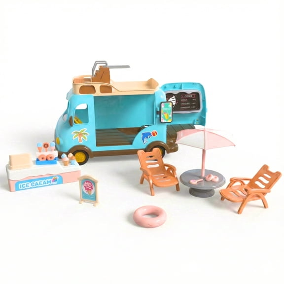 OLEOCA Family Ice Cream Truck Toy — Dessert Food Truck Playset with Cash Register, Chairs & Umbrella, Dollhouse Pretend Play Vehicle, Gift for Kids Ages 3 