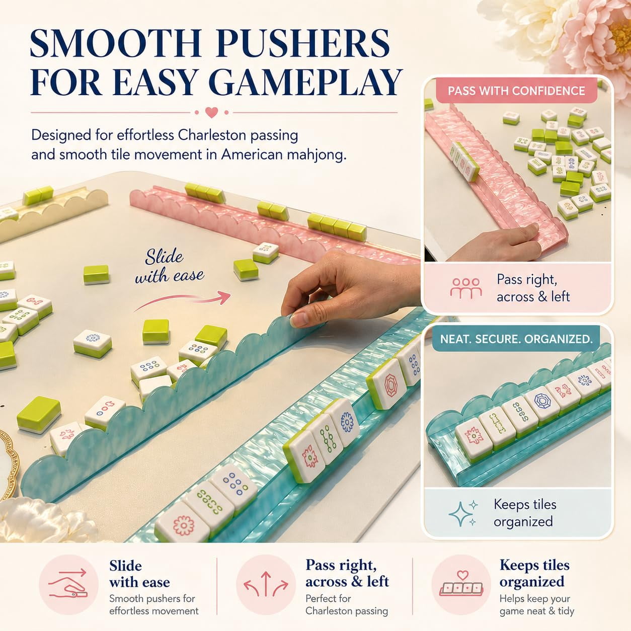 Pearl Scalloped Mahjong Racks with Magnetic Pushers 17.5''/20'', Tortoise Mahjong Rack & Pusher Set of 4